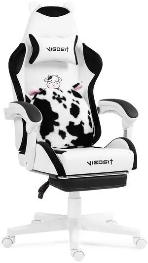 Cute Gaming Chair with Lumbar Cushion and Decorated Ears, Ergonomic Computer Chair with Footrest, Reclining PC Game Chair for Girl, Teen, Black White