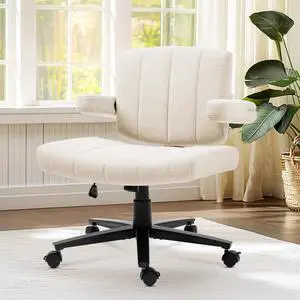 Criss Cross Chair with Wheels, High Back Adjustable Wide Armrest Office Chair, Anti-Grip Fabric Comfort Cushion Modern Style Swivel Computer Task Chairs for Home Vanity Desk Office (Beige)