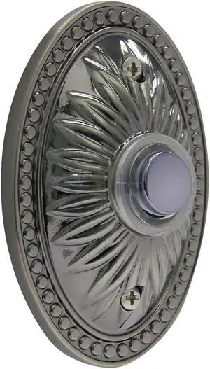 IQ America DP1231  Over-sized Wired Pewter Plated Surface Mounted Traditional Lighted Doorbell Pushbutton Chrome Push Button with Acrylic Transparent Accent Ring for use with most Wired Door Bells Chi