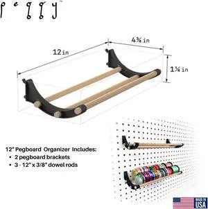 Peggy Pegboard Accessory Hook and Dowel Organizer Storage for Tape, Steel Wire Spools, Ribbon, Crafts, Hobby, 12 kit