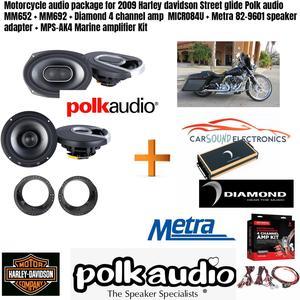 Motorcycle audio package for Harley Davidson Street glide Polk audio MM652 + MM692 + Diamond 4 channel amp  MICRO84U + Metra 82-9601 speaker adapter + MPS-AK4 Marine amplifier Kit