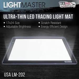 US ART SUPPLY Lightmaster 32.5" Extra Large(A2) 17"x24" LED Lightbox Board Ultra-Thin 3/8" Light Box Pad and 110V AC Power Adapter Dimmable LED with Measuring Overlay Grid & Circle Template/Protractor