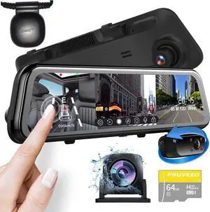 PRUVEEO 12'' Triple Mirror Dash Cam, Front Inside and Rear 3 Channel Full Touch Screen Rear View Mirror Backup Camera, IR Night Vision(Sony Sensor), GPS, Parking Assistance, with 64GB Card