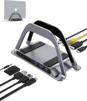 MacBook Docking Station, USB C Docking Station with Vertical Stand Compatible with MacBook Pro and Air, with 4K HDMI, 3 USB, SD/TF, PD3.0, RJ45 Ethernet, 3.5mm Audio, for HP/Dell/Lenovo laptops