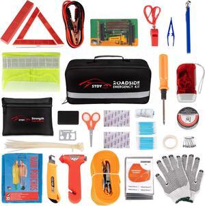 Car Roadside Emergency Kit, Auto Vehicle Truck Safety Emergency Road Side Assistance Kits with Jumper Cables, First Aid Kit, Tow Rope, Reflective Triangle, Tire Pressure Gauge, Wheel Repair, etc
