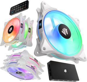 FS9002 Pro 120mm PWM PC Case Fan, Adjustable Speed of 800-1800rpm, Double LED Lingting Loops, 5V 3-pin ARGB Header Motherboard Aura SYNC with Hub and Remote - White 5pack