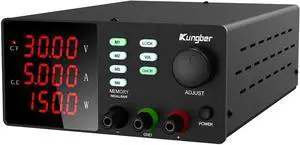 DC Power Supply Variable with Memory, 30V 5A Adjustable Switching Regulated DC Bench Linear Power Supply with Memory Recall and Output Disable Button 4 Digits Display and Alligator Leads