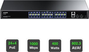 Aumox 28 Port Gigabit PoE Switch, 24 Port PoE Switch Unmanaged 400W, with 2 x Uplink Gigabit Ports, 2 x 1G SFP Slots, Rackmount or Desktop, PoE Recovery, Plug and Play,VLAN, 802.3 Af/at (SG528P)
