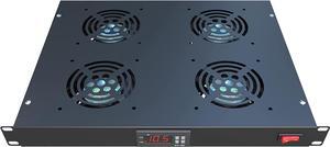 Rack Mount Fan - 4 Fans Server Cooling System - 1U 19" Rackmount Cabinet Panel w/Adjustable Temperature Control (Heat Monitor - Digital Display) Alarm Sensor (Overheat Air Flow Exhaust)
