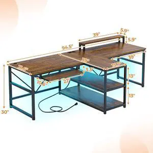 94.5" Home Office Desks, Computer Gaming Desk with Storage, LED Lights, Power Strip with USB, Keyboard Tray & Monitor Stand, Extra Long Double Desk for 2 Person, Rustic Brown