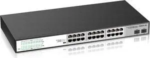 24 Port Full Gigabit PoE Switch with 2 Gigabit SFP Uplink Ports, Up to 30W Per Port, 48V Standard POE, Total Budget 300W, 803.af/at Compliant, Unmanaged Plug and Play, Rack Mount