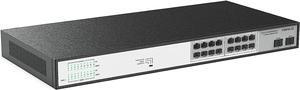 16 Port Full Gigabit PoE Switch with 2 Gigabit Uplink SFP Ports, Unmanaged Plug and Play, High Power Total Budget 300W, 803.af/at Compliant, Fanless & Slience, Metal Housing, Rack Mount