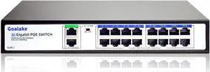 Goalake 16 Port PoE+ Switch Network Unmanaged, 16 * 1000Mbps POE+ Port with 2 Gigabit Uplinks, 200W Built-in Power@802.3af/at, VLAN Mode, 4kV Lightning Protection, AI Detection, Metal/Desktop