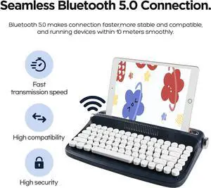 ACTTO B303 Wireless Typewriter Keyboard, Retro Bluetooth Aesthetic Keyboard with Integrated Stand for Multi-Device (B303, Midnight)