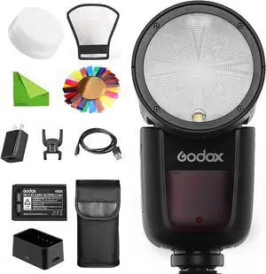 V1-N Flash for Nikon Flash Speedlite Speedlight, 76Ws 2.4G TTL Round Head, 1/8000 HSS, 480 Full Power Shots, 1.5s Recycle Time, 2600mAh Lithium Battery w/Diffuser Reflector Color Filters