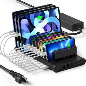 USB Charging Station, Fast 120W 10 Port Phone Tablet Charging Station for Multiple Devices with Type C/2 QC 3.0 Port for iPad/iPhone/Galaxy/Kindle/Fire, Devices Organizer, UL Certified, Black