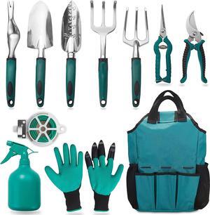 Garden Tool Set, 11 Piece Aluminum Alloy Hand Tool Starter Kit with Garden Bag, Outdoor Tool, Heavy Duty Gardening Work Set with Ergonomic Handle