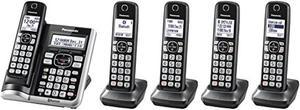 Panasonic Link2Cell Bluetooth Cordless Phone System with Voice Assistant Call Block and Answering Machine Expandable Home Phone with 5 Handsets aEUR KXTGF575S Black with Silver Trim