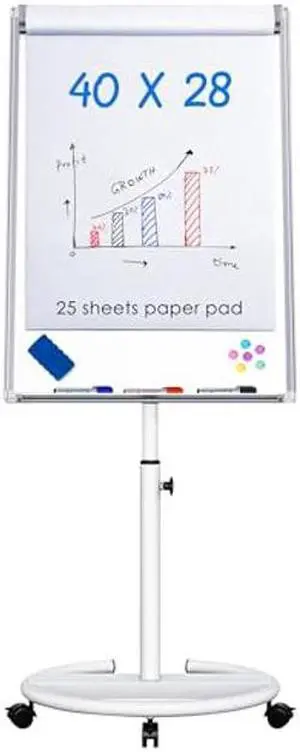 Mobile Dry Erase Board - 40x28 inches Magnetic Portable Whiteboard Stand Easel White Board Flipchart Easel Board with 25 Sheets Paper Pad