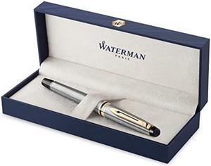 Waterman Expert Fountain Pen, Stainless Steel With 23k Gold Trim, Medium Nib With Blue Ink Cartridge, Gift Box