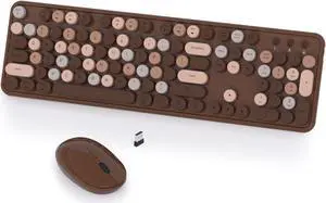 Colorful Wireless Keyboard and Mouse Combo, COVEVA 2.4GHz Wireless Retro Cute Round Keycaps Keyboard, 104 Keys Full-Sized Keyboard Mouse Set with Switch Button for PC Laptop Desktop (Brown Colorful)