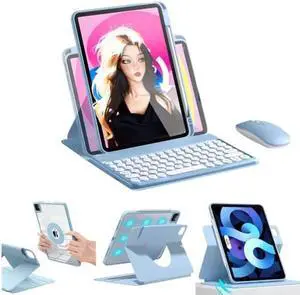 Vertical 10.2inch iPad9/iPad8/iPad7 Keyboard Case with Mouse, iPad 9th/8th/7th Gen&Air3/Pro10.5 Case with Keyboard Mouse Combo and Pencil Holder, Magnetic Rotating Case (Magnetic-Blue)