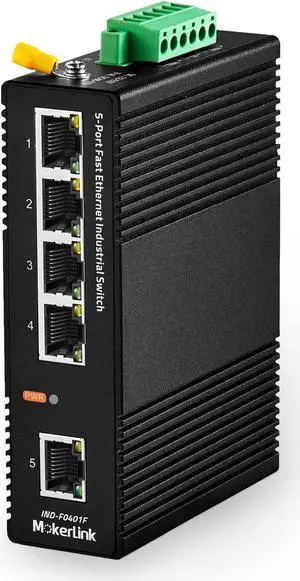 MokerLink 5 Port Industrial DIN-Rail Network Switch, 10/100Mbps Fast Ethernet, IP40 Rated Network Switch (-40 to 185degF), with UL Power Supply