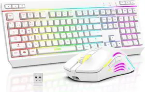 RedThunder K20 Wireless Keyboard and Mouse Combo, Full Size Anti-Ghosting Keyboard with Multimedia Keys + 7D 4800DPI Optical Mice, Rechargeable RGB Gaming/Office Set for PC Laptop Mac Xbox (White)
