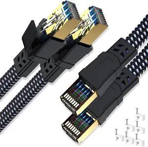 Cat 8 Ethernet Cable 30ft 2-Pack,Nylon Braided High Speed Heavy Duty 40Gbps 2000Mhz Flat Network LAN Patch Cord SFTP RJ45 Internet Cable Shielded in Wall, Indoor&Outdoor for Router,Modem,Gaming,Switch
