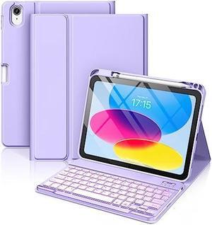 Hamile iPad 10th Generation Case with Keyboard 10.9 Inch - 7 Colors Backlit Wireless Detachable Folio Keyboard Cover with Pencil Holder for New iPad 10th Gen 2022 (Purple)