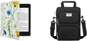 MOSISO Case Compatible with Kindle All-New 10th Generation 2019, PU Leather Daisy Smart E-Reader Shell&360 Protective Vertical Tablet Sleeve,12.9 inch Shoulder Bag with 2 Curved Pockets,White&Black