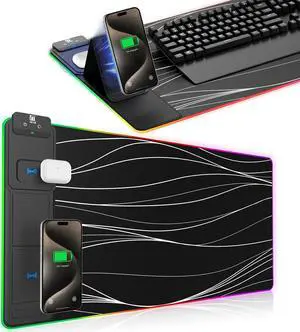 XXL Mouse Pad with Phone Holder, RGB Desk Mat with 15W Fast Charging, LED Large Gaming Mouse Pad with 11 Lights Colors, Long Mouse Pads, Waterproof Non-Slip Desk Pad for Gamer Esports Pros