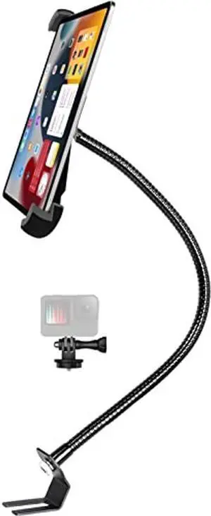 Car Seat Rail Tablet Mount for Truck, Aluminum Gooseneck Car Floor Bolt Tablet Holder Camera Clamp with 1/4'' Screw Adapter for Taxi, Van, Vehicle, Semi, SUV for iPad Pro/Air, Tabs, Gopro (9.5-14.5")