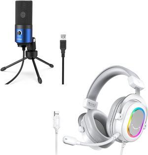 FIFINE External Microphone for Laptop and PS4 Headset, USB Computer Mic with Gain Control,White Gaming Headset with 7.1 Surround Sound for Streaming Recording Video for Mac/PC/PS4/PS5 (K669L+H6W)