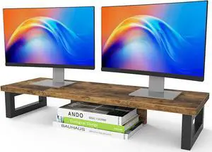 WESTREE Dual Monitor Stand Riser, Wood and Steel Monitor Stand Riser, Computer Monitor Stand for 2 Monitors, Multi-Purpose Desktop Storage Stand for Computer,Laptop,Printer,TV