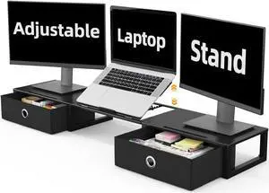 WESTREE Monitor Stand Riser with Adjustable Laptop Stand Riser, Steel Frame Dual Monitor Stand with Two Drawers for 2 Monitors, Desktop Oraganizer Stand for Computer,Laptop,Screen