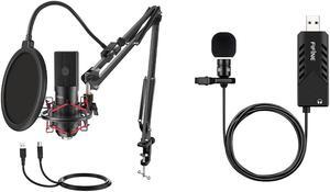 FIFINE USB Condenser Mic and Lavalier Microphone, Gaming Mic Set with Boom Arm Stand, Pop Filter, PC Condenser Lapel Microphone for Streaming Podcast Home Studio (T732+K053)