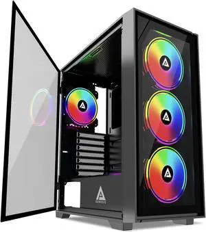 Apevia Genesis-BK Mid Tower Gaming PC Case w/ 4X 120mm ARGB Fans, 366 RGB Light Modes, 1x Glass Front Panel, 1x Door Swivel Style Magnetic Glass Side Panel, 2X USB 3.0, Black