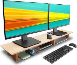 Aothia Large Dual Monitor Stand Riser, Solid Wood Desk Shelf with Eco Cork Legs for Laptop Computer/TV/PC/Printers, Perfect Desktop Stands Organizer with Underneath Storage for Office Accessories