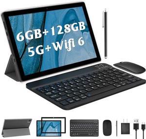 10 Inch Android Tablet, 2 in 1 Tablet with Keyboard 6GB + 128GB 10.1'' Tablets, 5G WiFi 6, BT 5.0, 1.8Ghz CPU Tableta PC, 8MP Camera, 6000mAh, Comptuer Tablet include Case Mouse Stylus Film, Black