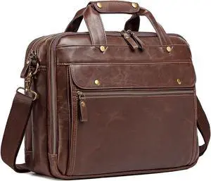 Bosidu Leather Briefcases for Men 15.6 Inch Laptop Messenger Bag with Triple Compartments Water-Resistant Computer Shoulder Bag for Business, Travel, Work, Office, Brown