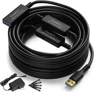 USB 3.0 Active Extension Cable 75 Feet, Long USB Type-A Male to Female Extender Cord, Built-in 3 Signal Booster Smart Chips, 5Gbps Transfer, Black USB Extension Cable with an AC Power Adapter (5V 2A)