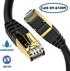 Cat 8 Ethernet Cable, (Cat8 6ft & Cat8 100ft) Outdoor&Indoor, Burial High Speed 26AWG Cat8 LAN Network Cable 40Gbps, 2000Mhz with Gold Plated RJ45 Connector, Weatherproof for Router/Gaming/Xbox/IP