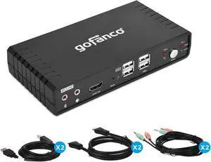 gofanco Single Monitor HDMI 2.0 KVM Switch (2 Port)  4K 60Hz 4:4:4, 18Gbps, HDCP 2.2, Keyboard & Mouse Switcher with USB 2.0 Hub and Audio, Mic in/Stereo Out, Hotkey Switching, Cables Included