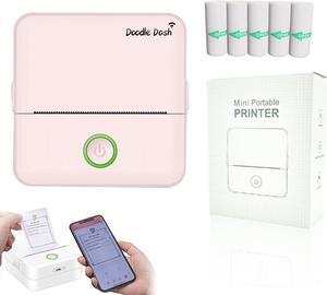 Doodle Dash Printer Mini Printer Sticker Maker Bluetooth Connection Cell Phone, Tablet with 5 Self-Adhesive Rolls Printing Paper Wireless Inkless Pocket Printer Suitable for Photos, Study (Pink)