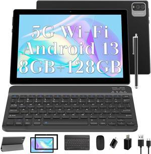 Android 13 Tablet with Keyboard, 2024 Newest 10 Inch 2 in 1 Tablet, 8GB RAM+128GB ROM/1TB Expandable Tablet PC, Quad-Core 2.0GHz CPU 10" HD Screen, 2.4G/5G WiFi 6 BT 5.0 Tableta with Case Mouse Stylus