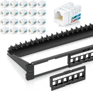 Everest Media Solutions Bundle - 2 Items: 24-Port Keystone Patch Panel + 20 Pack of RJ45 CAT6A Keystone Jacks - White