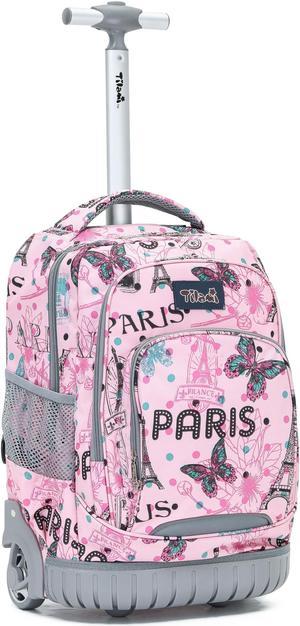 NEW TILAMI Rolling Backpack for Kids, Cute 18 Inches Boys Wheeled Laptop Backpack for Girls Travel School Student Trip Bag, Pink Paris