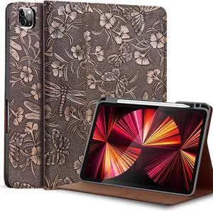 Gexmil Leather Case for iPad Pro 12.9 Inch 6th/5th/4th/3rd Generation 2022/2021/2020/2018 Genuine Leather Folio Cover Shockproof with Pencil Holder,Auto Sleep/Wake,Anti-Slip,Butterfly Pattern