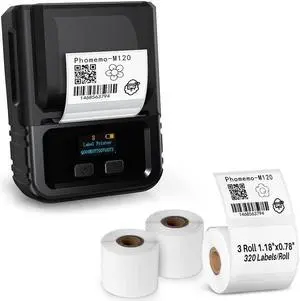 Phomemo Label Printer M120 Label Maker, Barcode Label Printer Portable Bluetooth Label Maker Machine with 3 Rolls 1.18''X0.78'' Thermal Label Paper